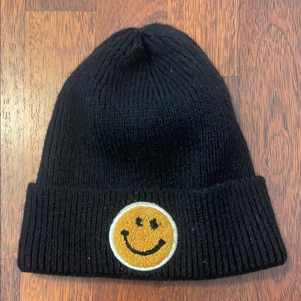 Black Knit Beanie with Smiley Patch